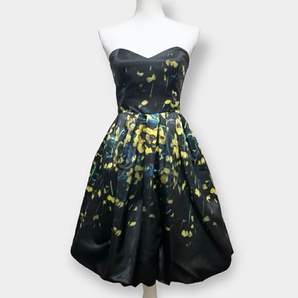 Parker Remi Black & Yellow Floral Satin Strapless Fit N Flare Cocktail Dress 2 - Picture 9 of 9